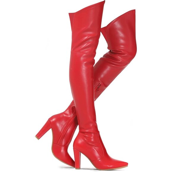 ⚡Women's Red PU Stretch Suede Chunky Heel Over The Knee Boots Thigh High - Picture 1 of 4